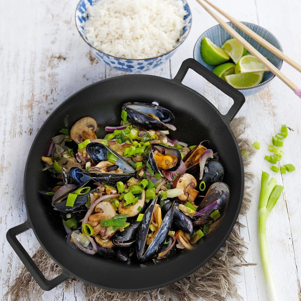 14 Inch Cast Iron Wok Set with Wood Lid