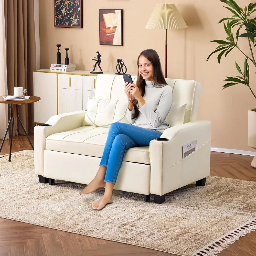 Beige Futon Sofa Bed Convertible Loveseat Sleeper Couch