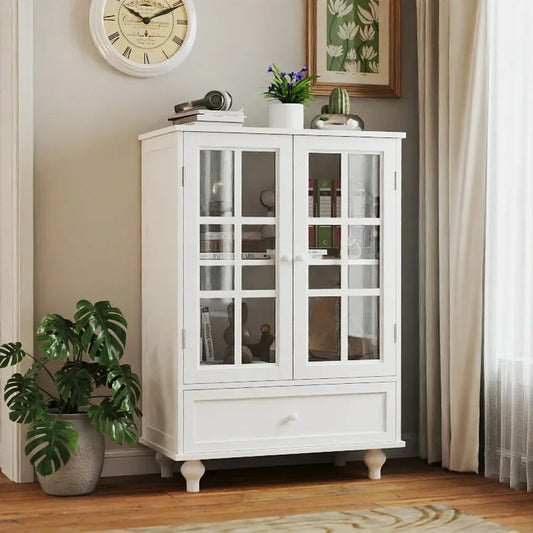 White Buffet Cabinet with Double Glass Doors and Drawer