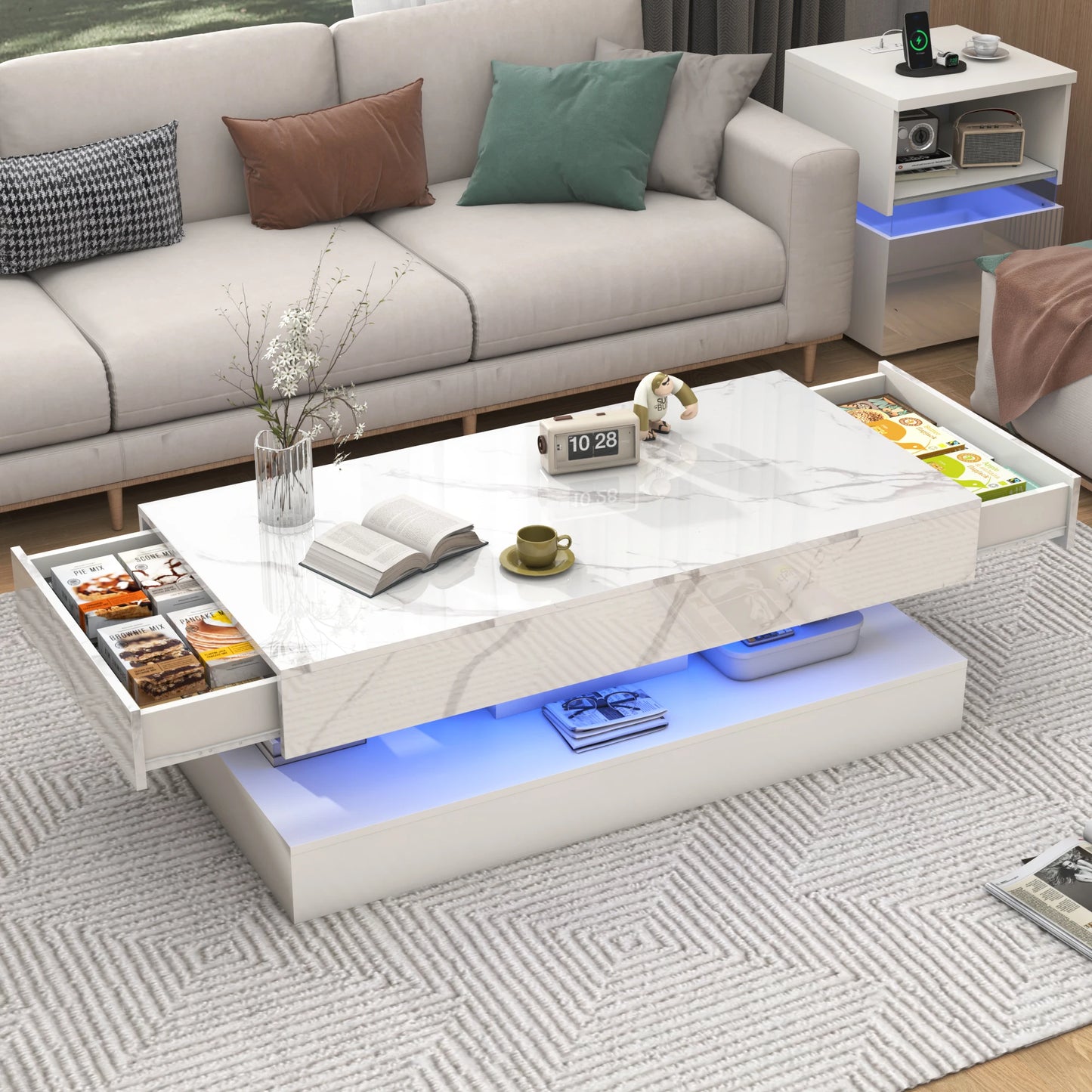 Coffee Table with LED lights and 2 Storage Drawers