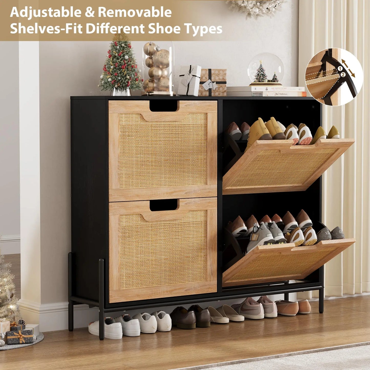 Natural Rattan Shoe Storage Cabinet with 4 Flip Drawers