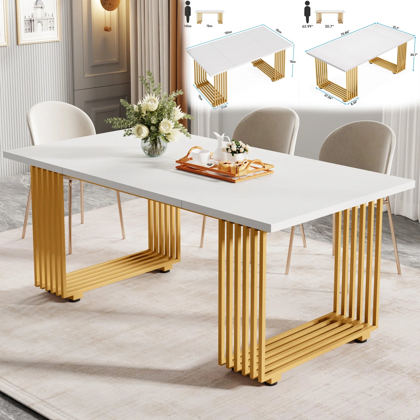 63-Inch Rectangular Dining Table with Faux Marble Table Top