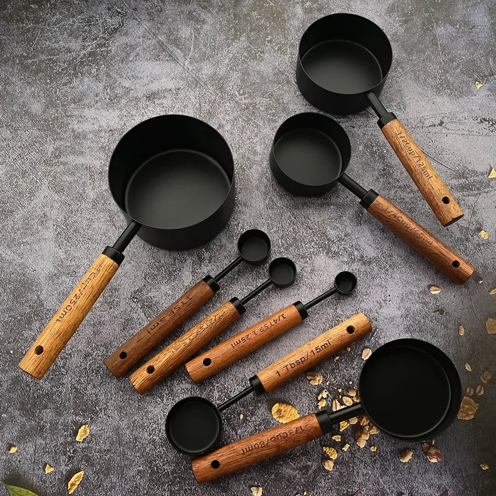 Wooden Handle Measuring Cups, Spoons Set