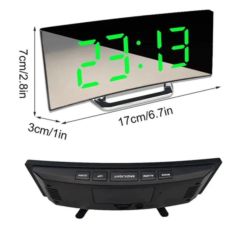 Curved Screen Mirror LED Digital Alarm Clock